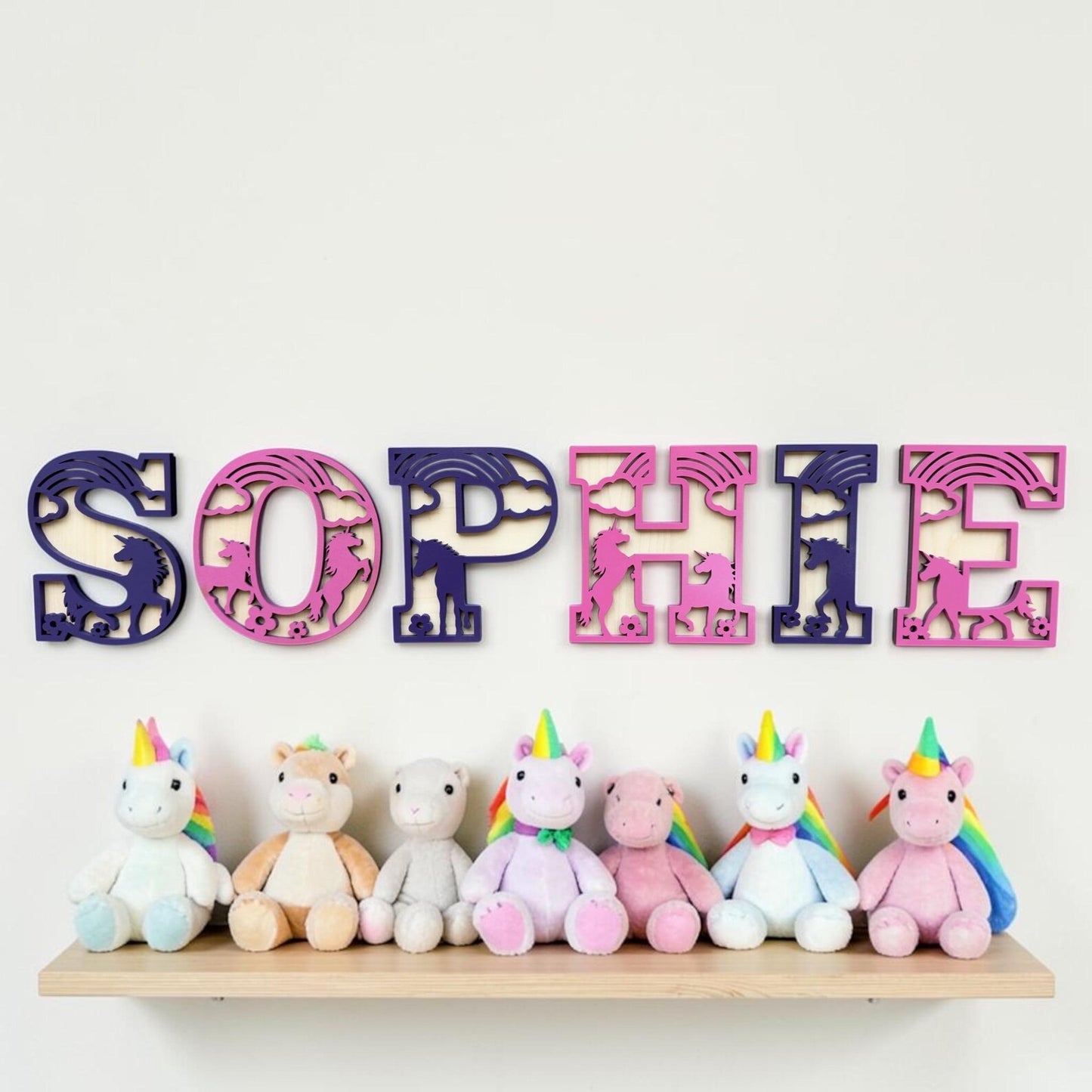 Personalised Wooden Unicorn Name Sign, Girls Bedroom Wall Art, Rainbow Nursery Decor
