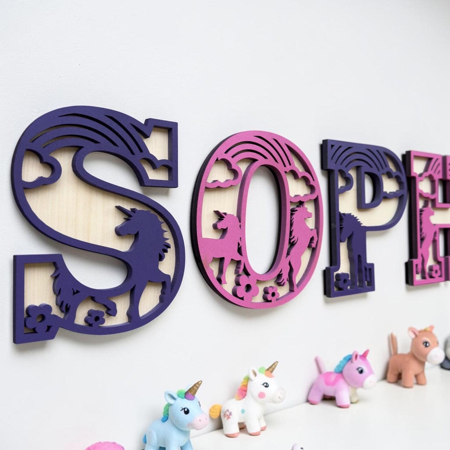 Personalised Wooden Unicorn Name Sign, Girls Bedroom Wall Art, Rainbow Nursery Decor