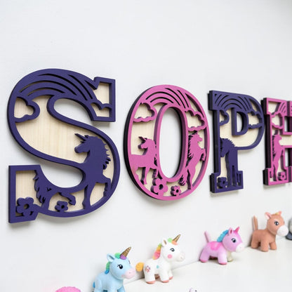 Personalised Wooden Unicorn Name Sign, Girls Bedroom Wall Art, Rainbow Nursery Decor