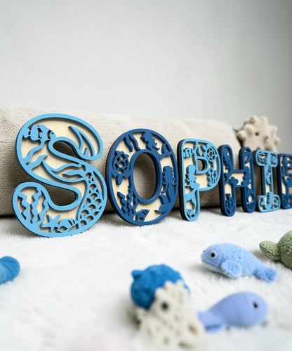 Personalised Mermaid Name Sign, Under the Sea Nursery Decor, Wooden Ocean Name Plaque, Custom Kids Bedroom Wall Sign