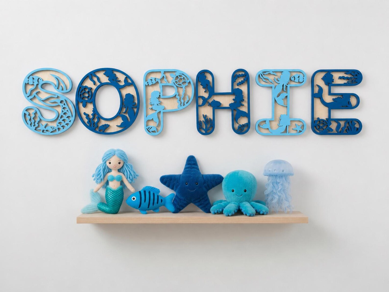 Personalised Mermaid Name Sign Under Sea Nursery Decor Wooden Ocean Name Plaque Custom Bedroom Wall Sign
