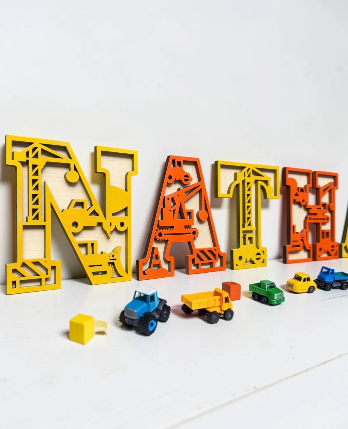 Personalised Construction Name Sign, Digger Bedroom Wall Decor, Wooden Crane Name Plaque, Builder Nursery Sign, Custom Kids Playroom Name