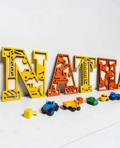 Personalised Construction Name Sign, Digger Bedroom Wall Decor, Wooden Crane Name Plaque, Builder Nursery Sign, Custom Kids Playroom Name
