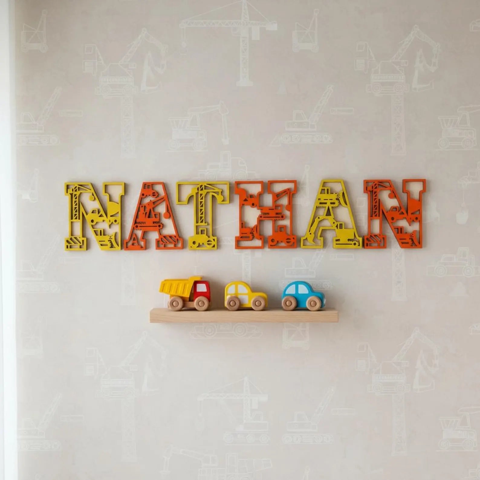 Personalised Construction Name Sign Digger Bedroom Wall Decor Wooden Crane Name Plaque Builder Nursery Sign Custom Playroom Name