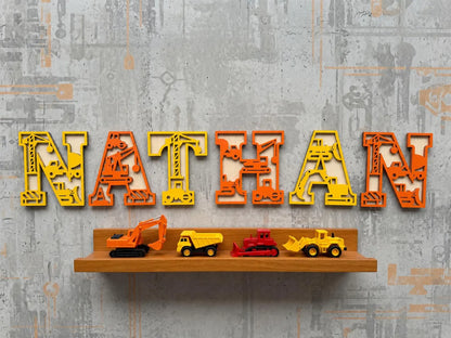 Personalised Construction Name Sign, Digger Bedroom Wall Decor, Wooden Crane Name Plaque, Builder Nursery Sign, Custom Kids Playroom Name