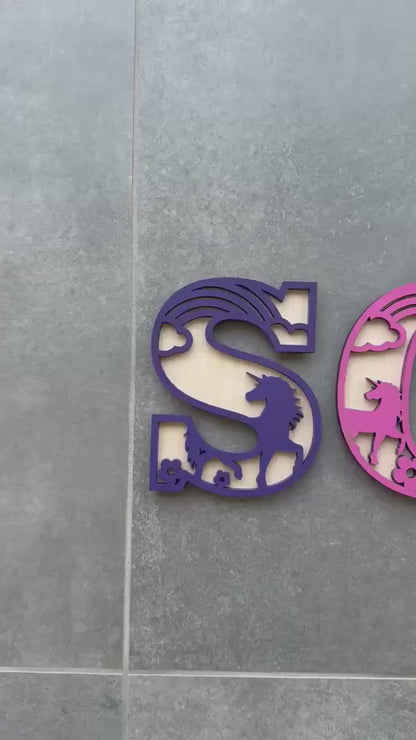 Personalised Wooden Unicorn Name Sign, Girls Bedroom Wall Art, Rainbow Nursery Decor