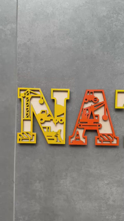 Personalised Construction Name Sign, Digger Bedroom Wall Decor, Wooden Crane Name Plaque, Builder Nursery Sign, Custom Kids Playroom Name